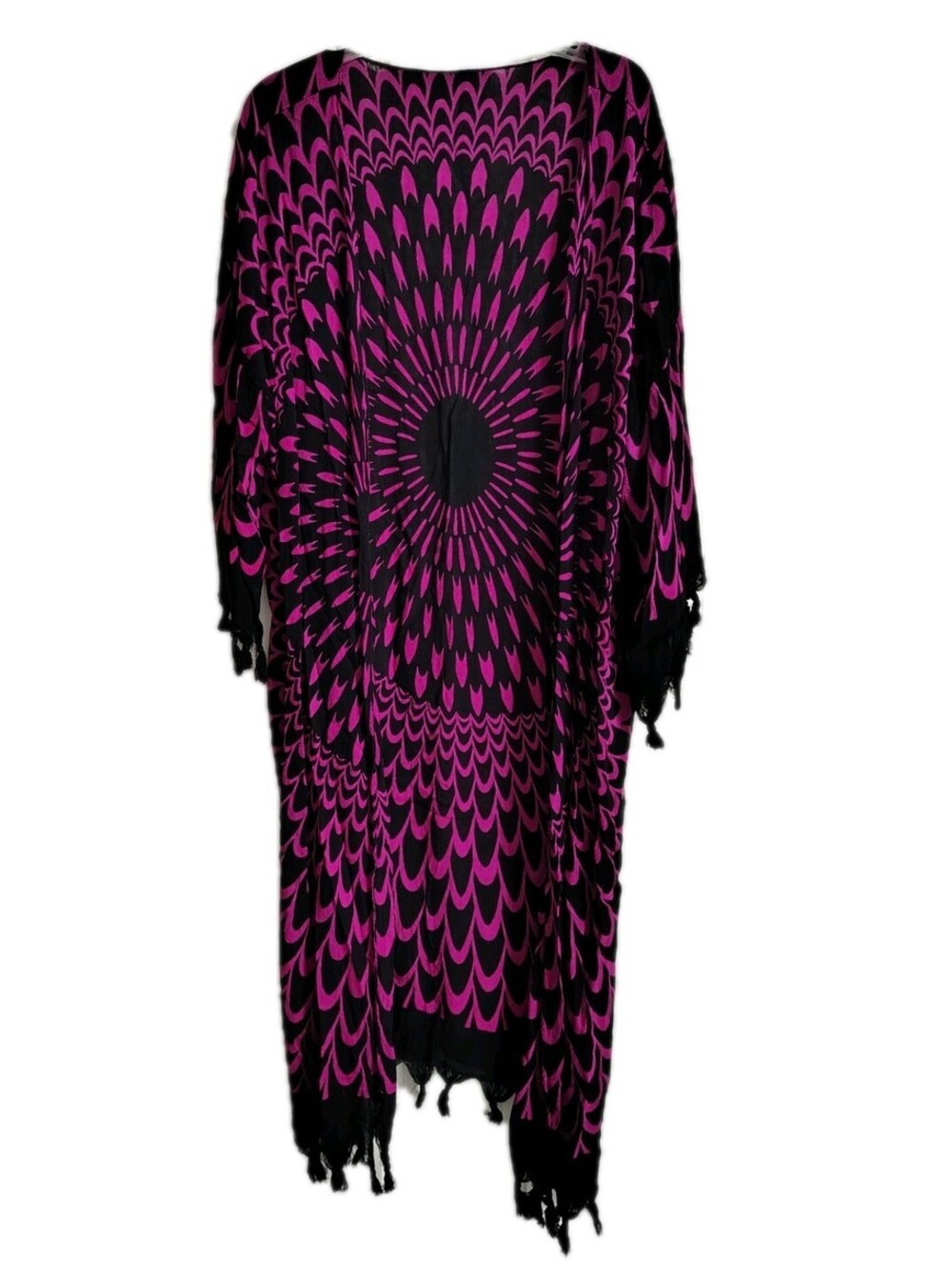 Lightweight kimono coverup 45" long fringe split hem rayon blend pink black EUC